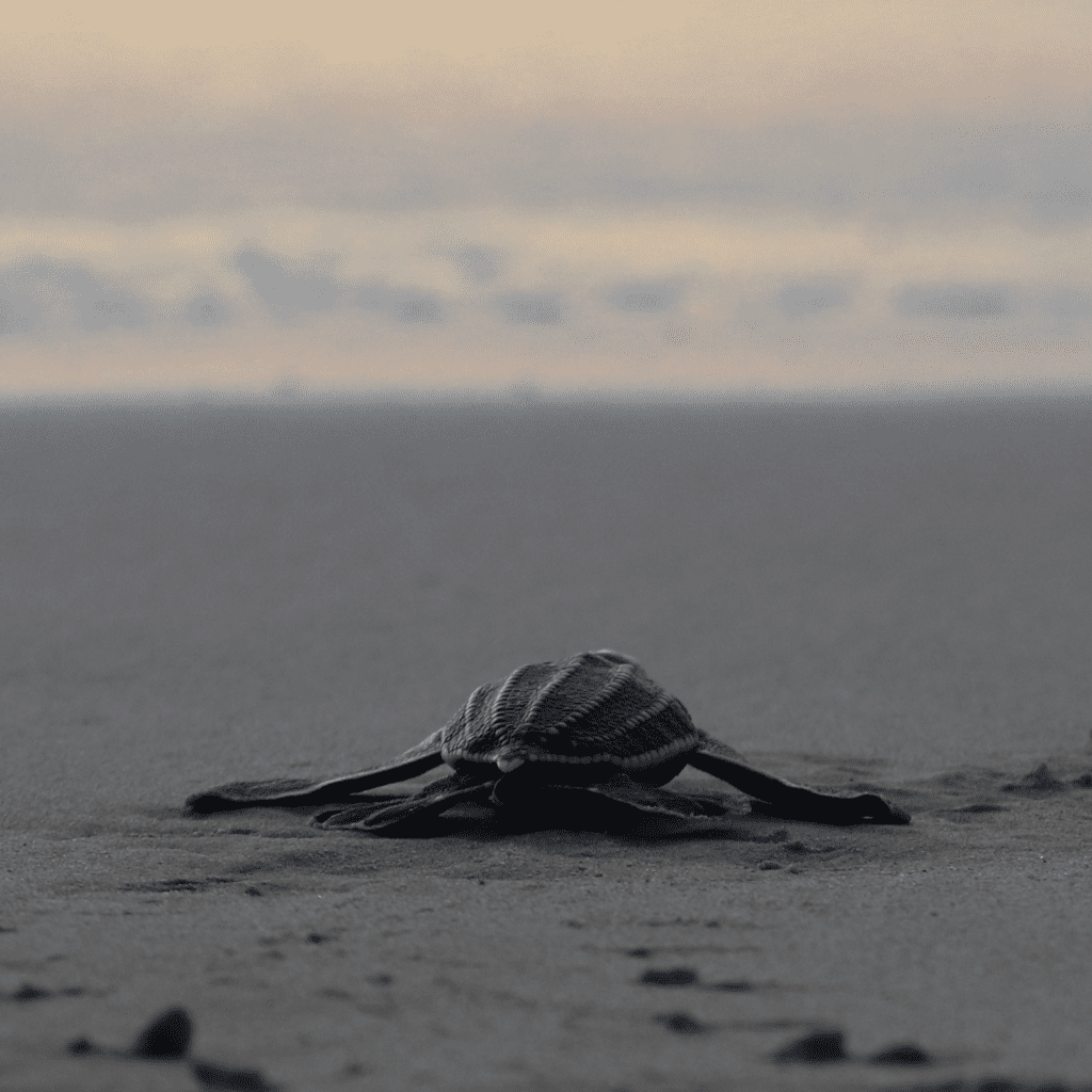 baby leatherback sea turtle moving towards the sea during sunset