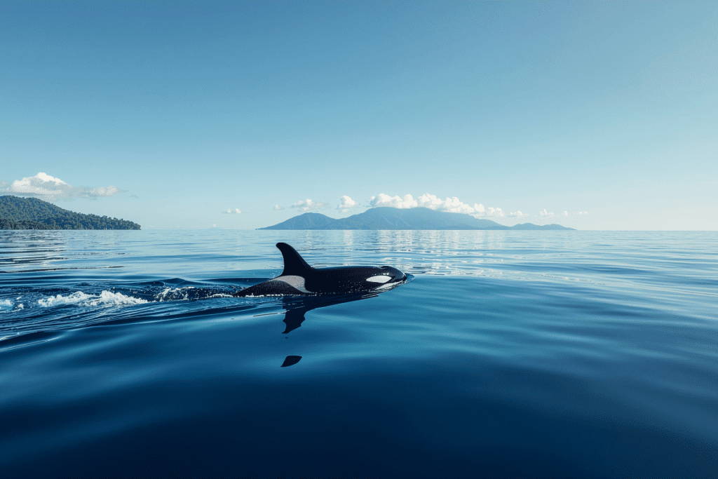 orca swimming in water with landscape in background